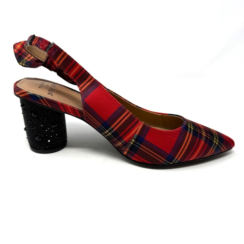 Betsey Johnson Torrid Red Plaid Slingback Block Heels Rhinestone Bow Pumps 8W‎